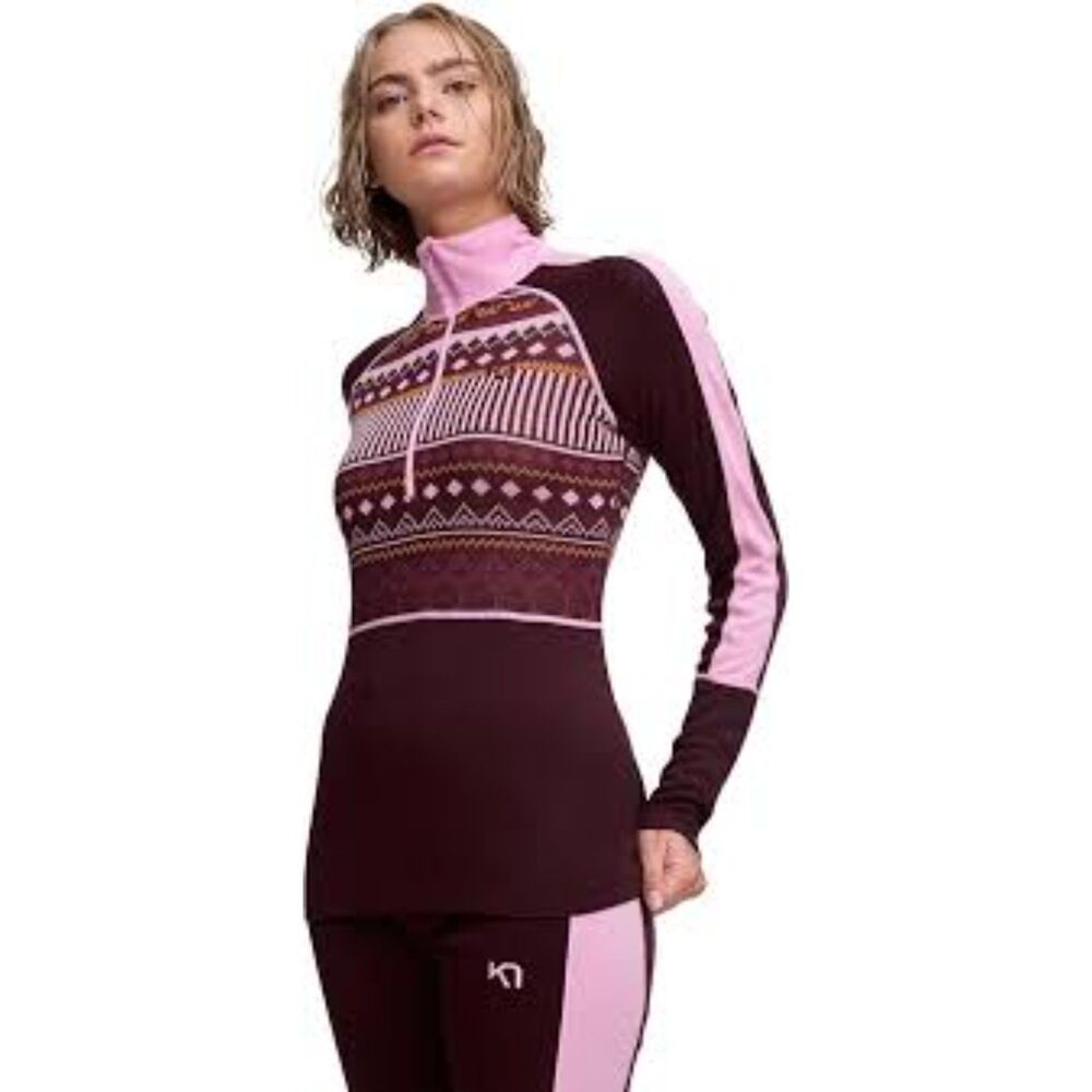 Kari Traa Perle Mock Neck 1/2 Zip Sweater Base Layer Pink Brown XS Nordic